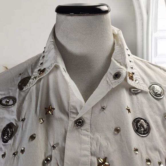 Vintage 80s Studded Western Top Size M Buffalo Head Coins Snap Front Blouse - Picture 8 of 16